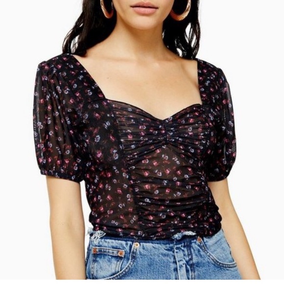 Topshop Tops - Topshop Ruched Ditsy Floral Mesh Crop Top Black Multi US Size 8 Medium